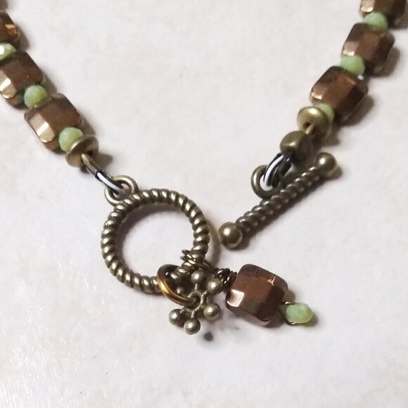 One-of-a-kind! Pale Green Jade + Bronze Tile Toggle Clasp Bracelet - Handmade! - Picture 3 of 8